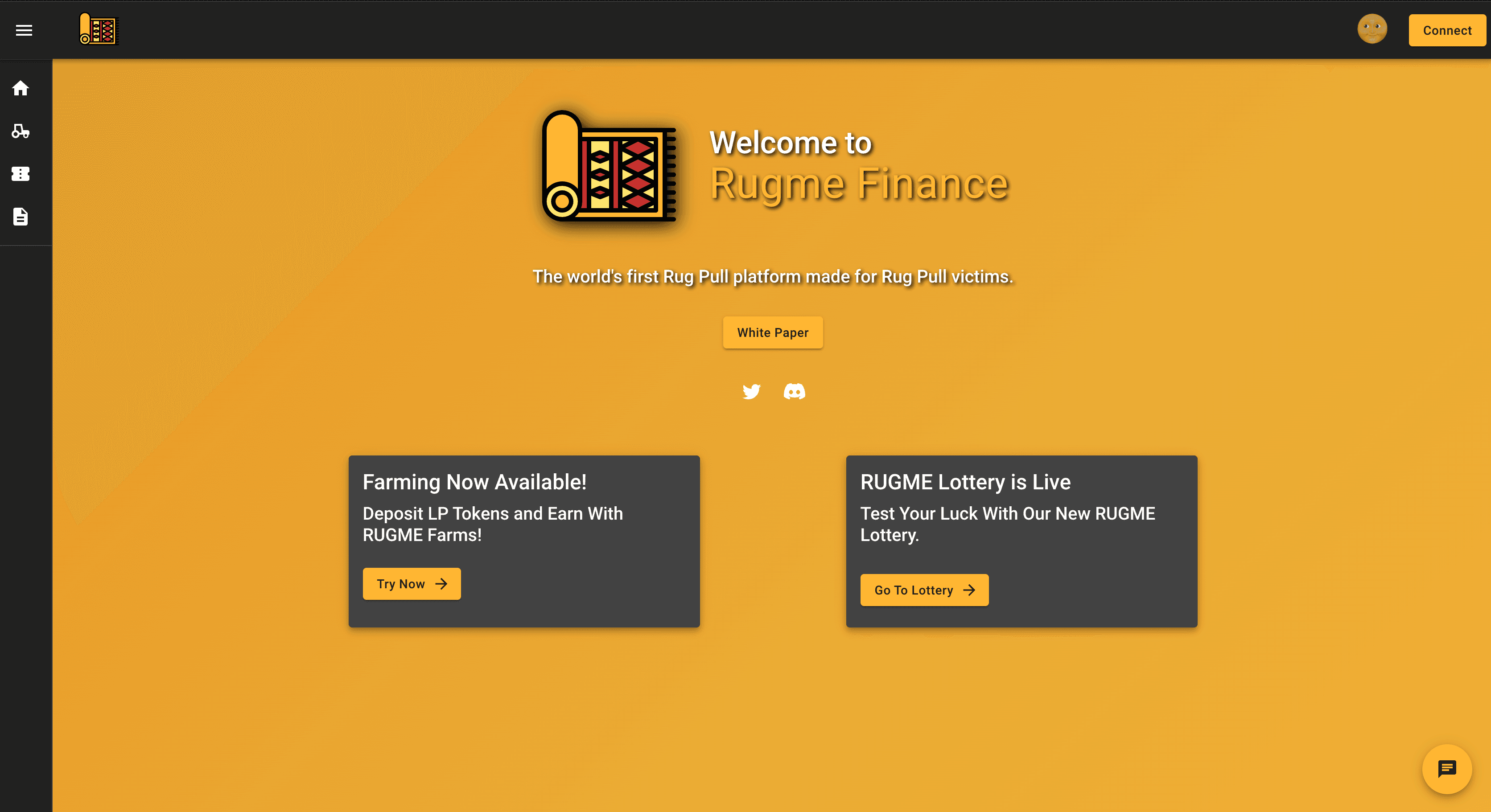 Rugme.finance was my first take with a crypto based project. It is a BSC Yield Farm and that included a gambling/lottery page where users could gamble BNB in hopes of hitting a jackpot. And a farming feature where users could stake Liquidity Pool (LP) tokens in order to earn RUG tokens overtime.
This project was mostly a charity project for users in the crypto community that have been affected or scammed due to a rug pull.
We added a built in chat system so users could chat while farming for RUG tokens!