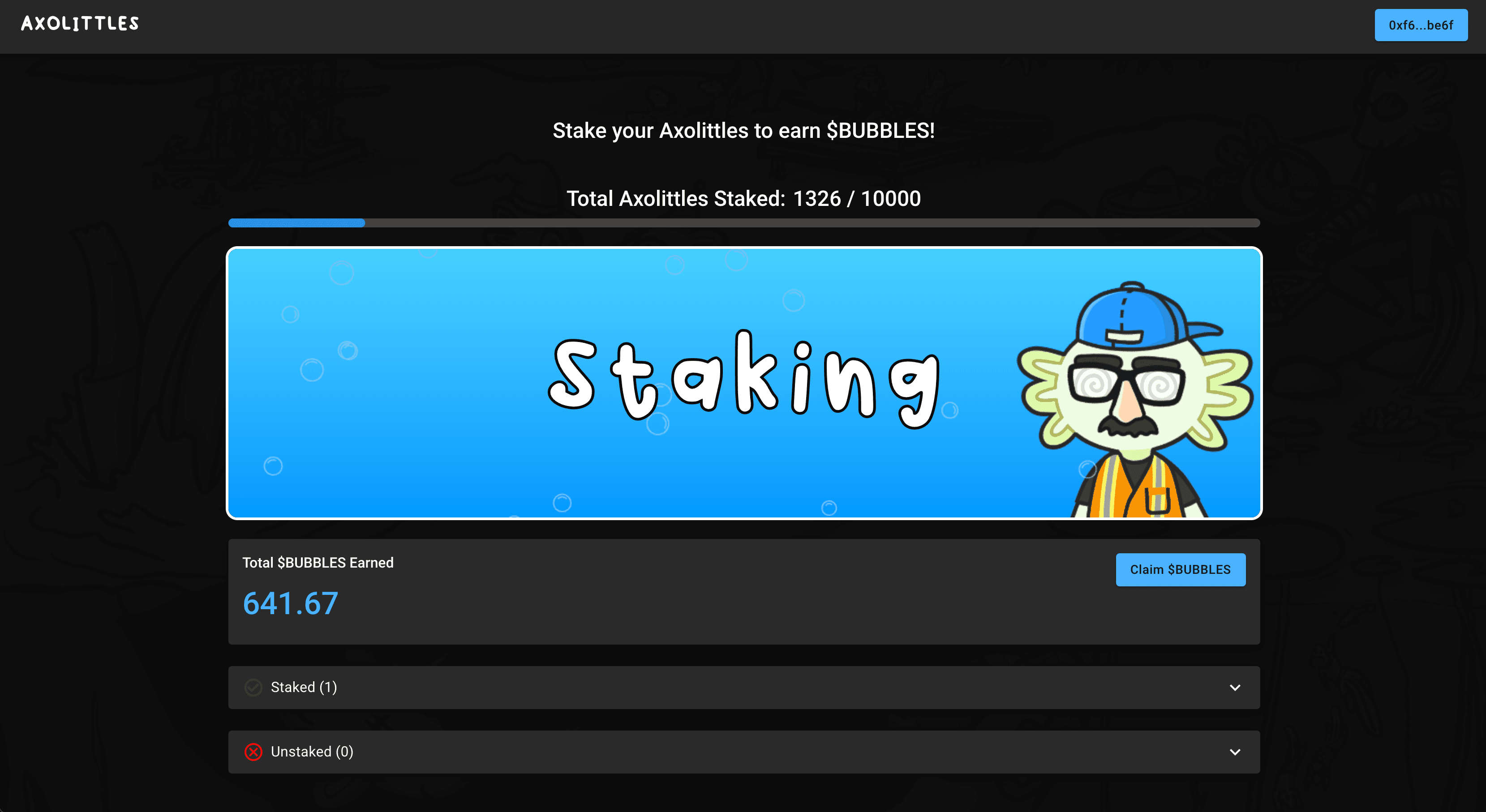 I was contracted to build the staking website for Axolittles, a popular NFT project on the Ethereum blockchain. The website currently has 500 users and 13% of all Axolittles NFTs have been staked (10,000 Axolittles NFTs available). I built and deployed the entire website in 6 days.